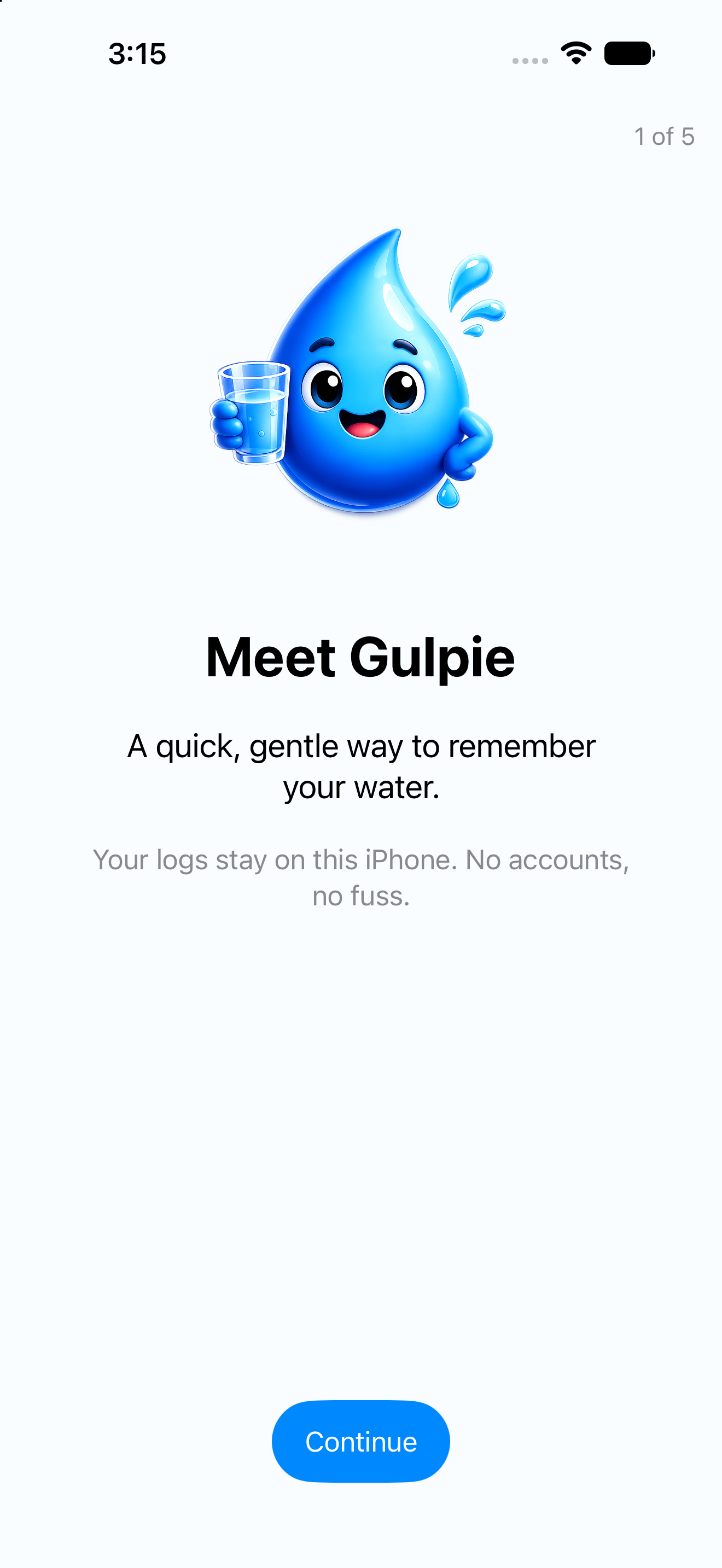 Gulpie onboarding screen introducing the app and its local-first privacy promise