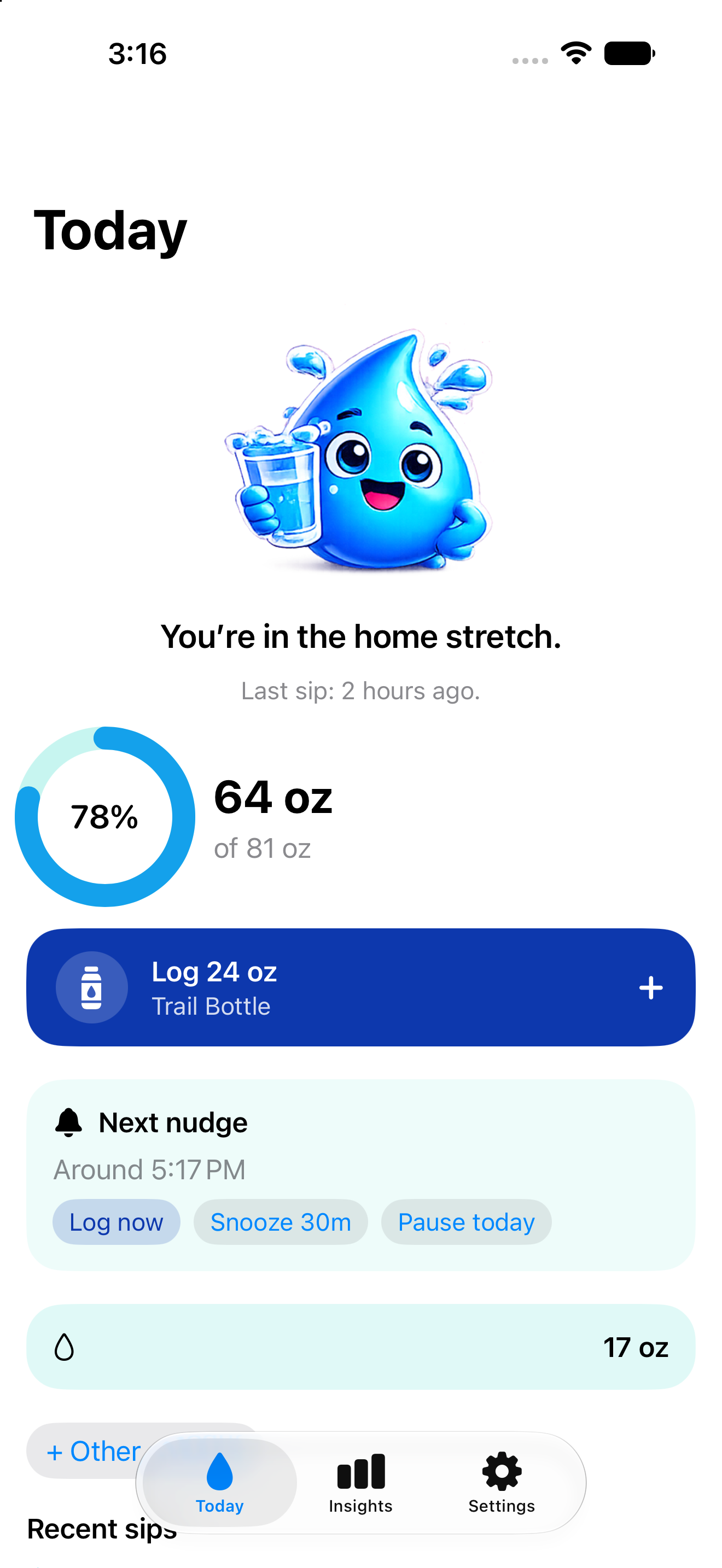 Gulpie Today screen showing 78 percent progress, a Trail Bottle quick-log button, and a next reminder