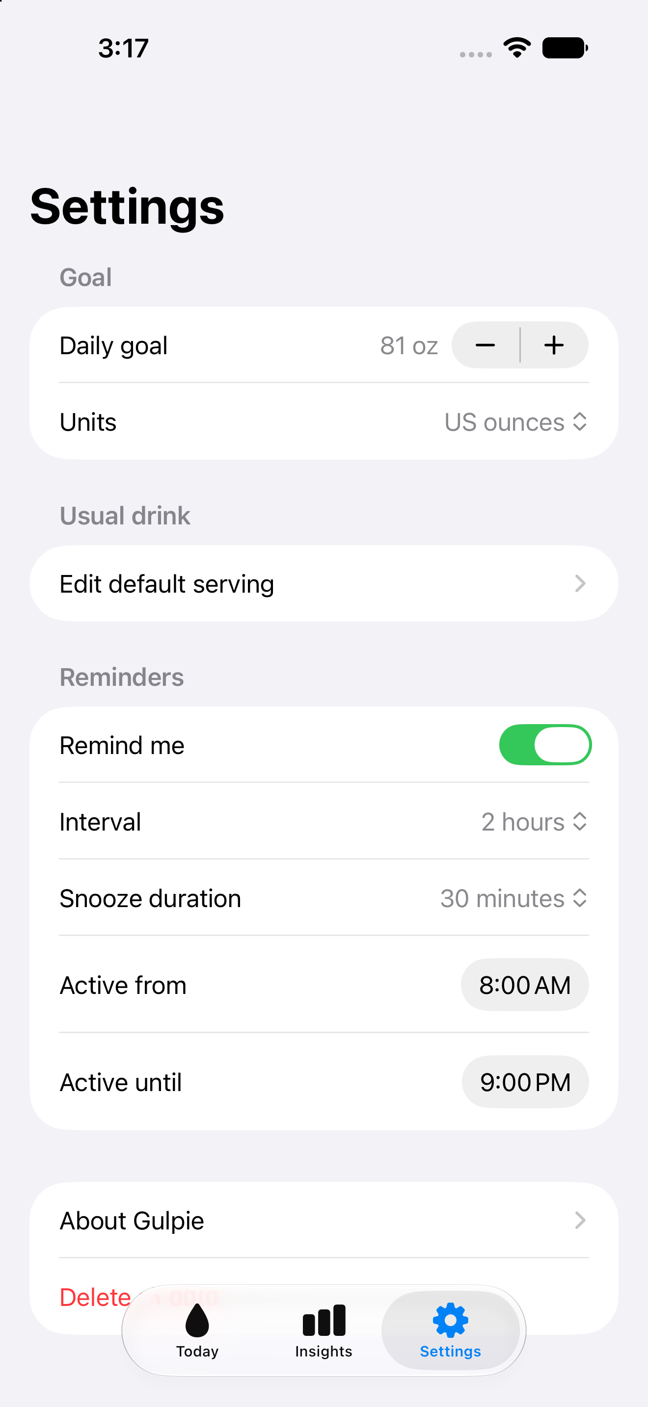 Gulpie Settings screen with daily goal, drink serving, and reminder controls